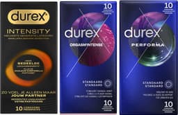 Durex - 30 stuks Condooms - Intensity 10st Nieuwste generatie ultradun, gedeelde lichaamswarmte - Orgasm Intense met Stimulerende Gel 10st - Performa vertragende effect 10st - Voordeelverpakking — thumbnail 1