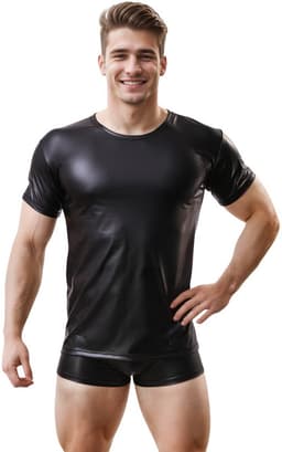 Glanzend wetlook shirt heren – maat M – strakke fetish clubwear kleding – korte mouw t-shirt voor mannen — thumbnail 1