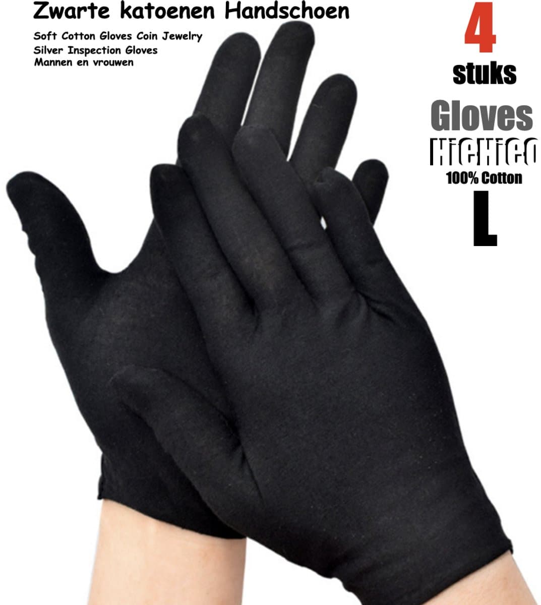 Katoenen handschoenen Zwart L 4stuks/2paar Beschermende Handschoenen - Gezondheidszorg - Ziekenhuis - Beauty Center, Kapper en Salon Spa Tattoo – Jewelry - eczeem / allergie / handcreme - juweliers / munt handschoen — afbeelding 1
