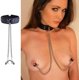 Verstelbare BDSM halsband voor vrouwen – PU leer nekband met kettingen & tepelklemmen voor bondage, rollenspel, SM & kinky dominantie — thumbnail 1
