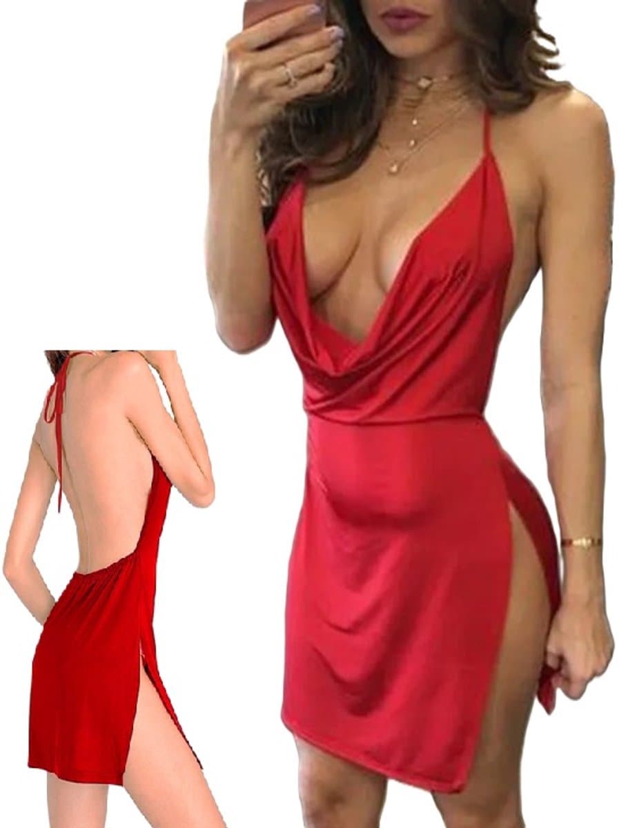 Erotische Jurkje I Nachtjurkje I Sexy Stretch Jurkje I V-Neck I Open Rug I Erotisch Ondergoed I One Size I Rood — afbeelding 1