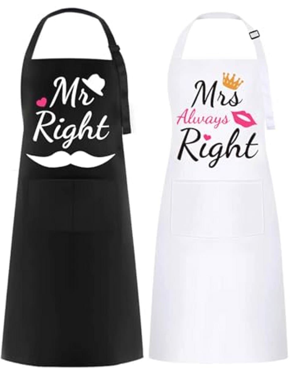 Gepersonaliseerd Mr & Mrs Schort - 2 Stuks Keukenschort voor Valentijnsdag, Bruiloft, Verloving en Verjaardag — afbeelding 1
