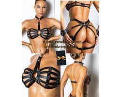 Dominant Desire – Complete Erotische Lingerie Set met Leren BH & Bondage Broekje met Boeien – BDSM Bondage Set – Lingerie Erotisch Dames – Sexy Lingerie – Sexy PU-Leren Harnas Set voor Dames – Fetish & Kinky – Clubwear – One Size – Dare to Undress