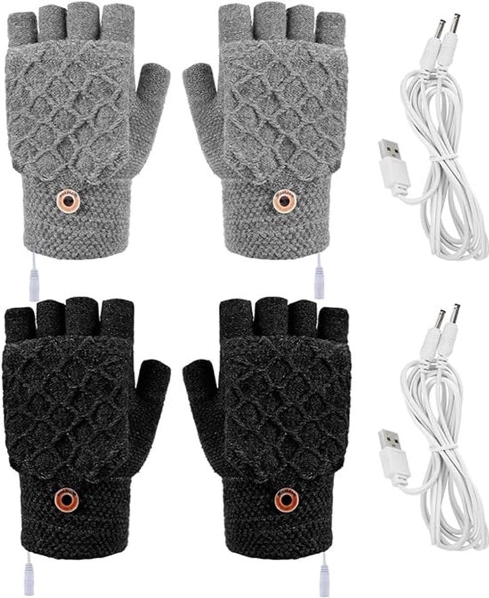 2 Paar USB Verwarmde Handschoenen - Handschoenen verwarmd - Elektrische verwarming - Dubbelzijdige verwarming - Gebreide Verwarmde Handschoenen - Winter Warme Handschoenen - Handschoenen met Verwarming - Handschoenen - Winter - Unisex - Grijs/Zwart — afbeelding 1