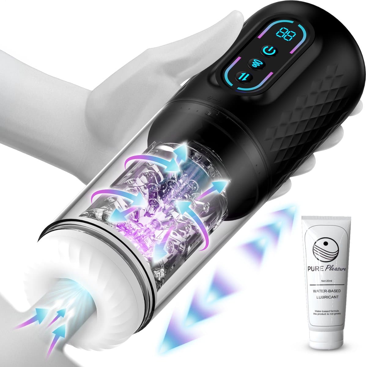 Pure Pleasure® Masturbator voor Man – Pocket Pussy - Sex Toys voor Mannen– 9 Zuig & Vibratiestanden – Realistisch & Verwarmd – Oplaadbaar Seksspeeltje – Inclusief 20ml Glijmiddel – Zwart — afbeelding 1