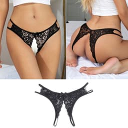 Zwarte Kanten String met Open Kruis – Black Lace Thong with Open Crotch - Sexy Erotische Dames Lingerie – Maat XXL — thumbnail 4