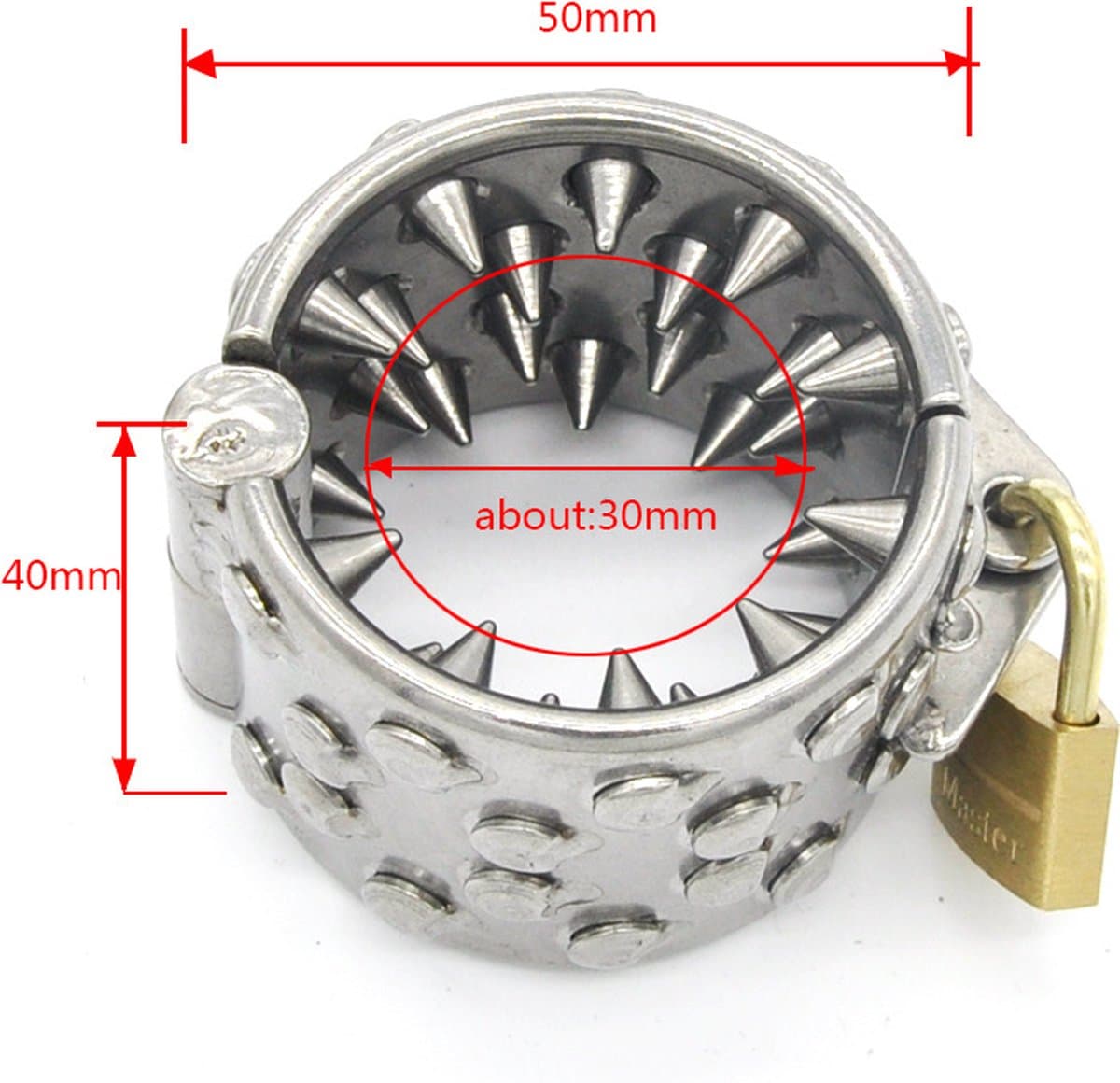 Prolink Novelties® - Metalen cockring - 36 pinnen van 6 mm - hangslot - zonder tanden Ø5,0 cm -  met tanden Ø3,0 cm — afbeelding 1