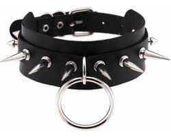 Punk Choker - Gothic Choker - Spike Choker / Ketting - Rocker Choker - Choker met Ring en Studs - Halsband voor Onderdanige Bevestiging - Lederen Halsband met O-Ring en Studs - PU Leder - Zwart
