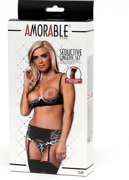 Amorable - Open Cup BH - Incl. String, Jarretelgordel en Kousen - Zwart/Wit L/XL — thumbnail 3