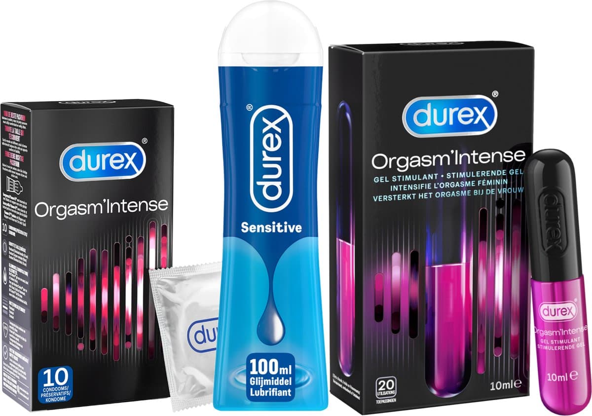 Durex - 10 stuks Condooms - Orgasm Intense - 110ml Glijmiddel - Intense Orgasm 10ml - Play Sensitive 100ml - Voordeelverpakking — afbeelding 1