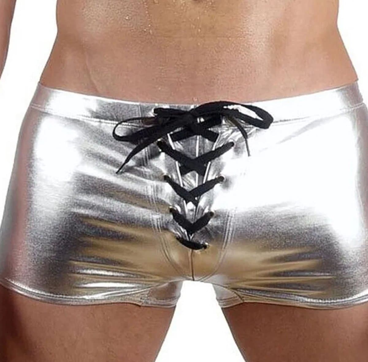 Strakke latex lingerie heren - Boxershort met veters - Zilver - Mannen slip - Erotische ondergoed - Clubwear — afbeelding 1