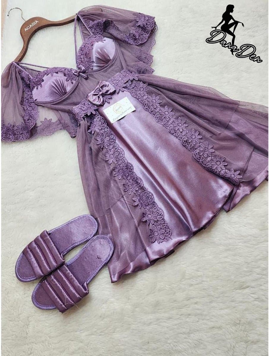 Luxe satijnen babydoll nachtjurk dames - Lavender — afbeelding 1
