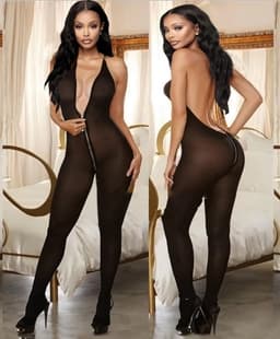 Zwarte Halter Catsuit met Diepe Rits - Dames Lingerie - Bodysuit — thumbnail 2