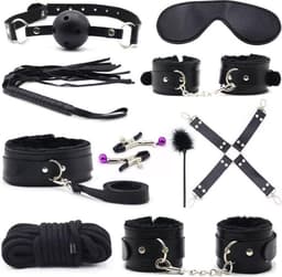 BDSM 10-Delige Bondage Set Met Zweep En Handboeien - Sex toys - Bdsm Set - Bondage Set - Zwart — thumbnail 1