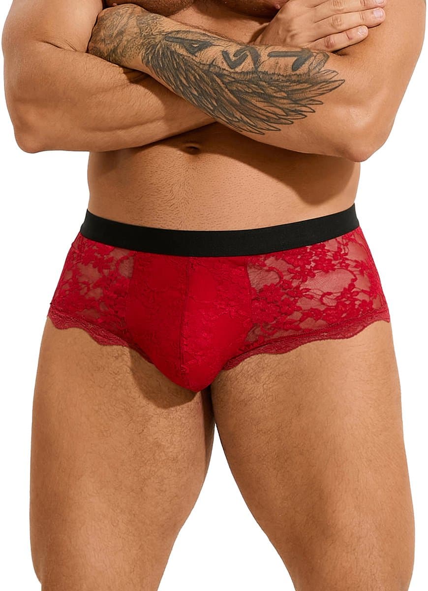 Zeloria Heren Kant Boxer – Transparante Erotische Lace Boxershort – Rood – XL – Stretch & Comfort — afbeelding 1