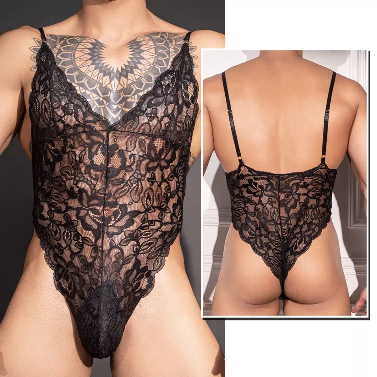 Sexy Lace Heren Bodysuit - Zwart - Nieuwe stijl - Herenshirt - Lingerie voor Mannen - Onderbroek - Ondergoed - Sexy Herenlingerie - Zeer elastisch - Erotisch en sexy - Slip - Sexy - Zacht en comfortabel — afbeelding 1