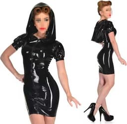 Porno erotiek jurk vrouwen - Latex wetlook - PVC Leder - Met capuchon - RedParrot - Mini jurk erotisch - Ritssluiting voorzijde — thumbnail 3