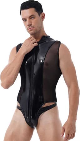 Mannen latex wetlook Catsuit - Erotische bodysuit PU Leder - Jumpsuit - Mouwloos - Transparante zijkanten - Ritssluiting — thumbnail 4
