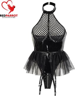 Erotische Rok Jumpsuit - Latex Wetlook - Transparante Borsten - Open Kruis - Dames — thumbnail 3