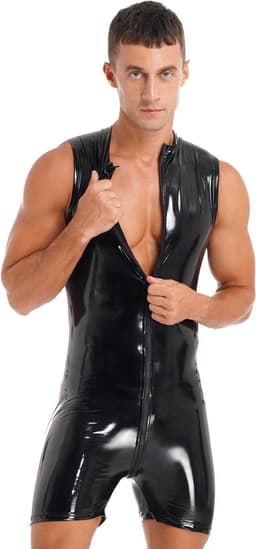 Heren Latex Wetlook jumpsuit deluxe - Mouwloos - Sexy bodysuit heren - PU lederen look - Bodycon - Club kleding - BDSM - SM — thumbnail 1