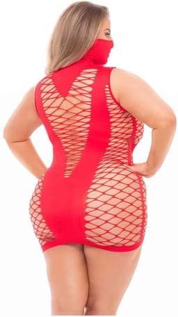 Pink Lipstick Lingerie Mini jurk Masquerade Dress With Mask, Plus Size Rood — thumbnail 2