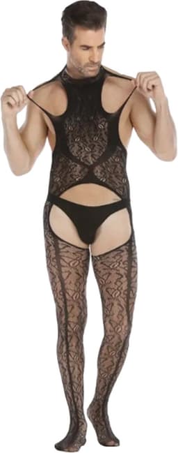 LekkerStout Heren Jarretel Bodysuit met Open Kruis - Zwart - Visnet Herenlingerie - One Size M-XL | LS161 — thumbnail 2