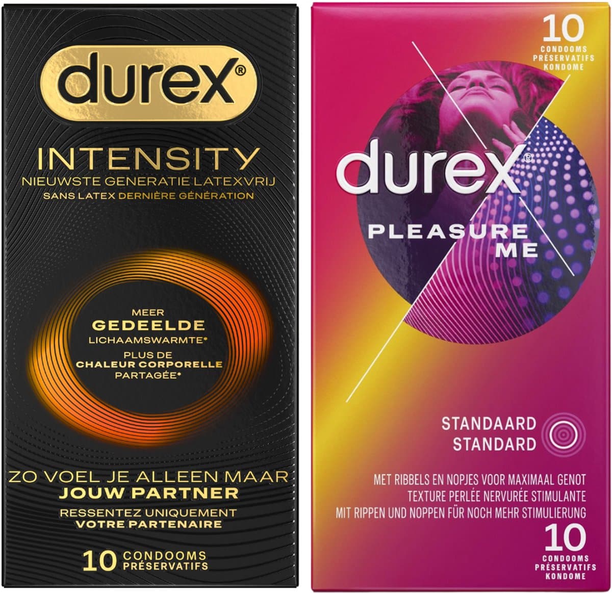 Durex - 20 stuks Condooms - Intensity 10st Nieuwste generatie ultradun, gedeelde lichaamswarmte - Pleasure Me 10st met ribbels - Voordeelverpakking — afbeelding 1