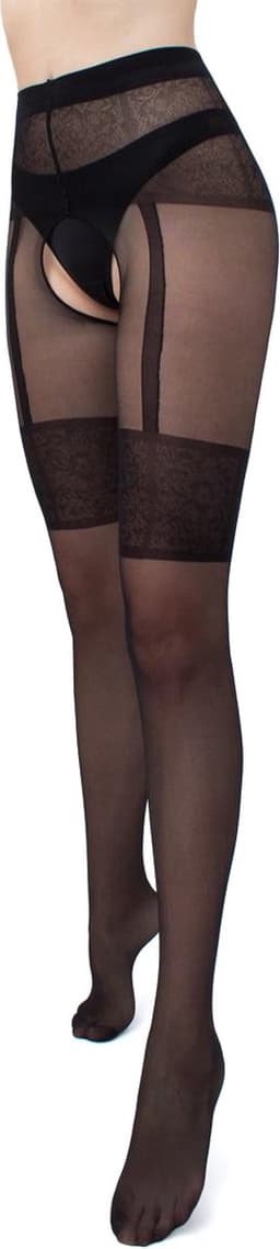 GIULIA Panty - Intimo Noir 20 - Open Kruis Panty - Suspender Panty - Ingebreid Boord - Platte Naden - Versterkte Teen - 20 Den - Large - Zwart — thumbnail 1