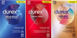 Durex - 60 Condooms - Thin Feel 20 stuks - Classic Natural 20 stuks - Nude No Latex Huid op Huid gevoel 20 stuks - Voordeelverpakking — thumbnail 1