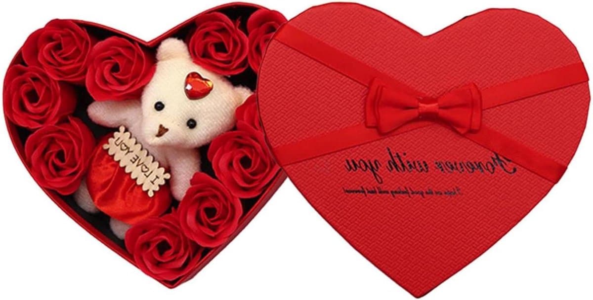 Rozen Teddybeer Cadeaubox - Zeepbloem Romantisch Geschenk - Binnenshuis Decoratie - Eeuwige Schoonheid - Hartvormig - Rood — afbeelding 1