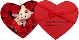 Rozen Teddybeer Cadeaubox - Zeepbloem Romantisch Geschenk - Binnenshuis Decoratie - Eeuwige Schoonheid - Hartvormig - Rood — thumbnail 1