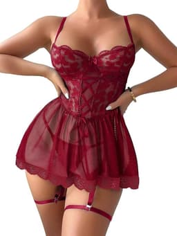Luxe Dames Babydoll Lingerie Set – Kant & Mesh Nachtjurkje met Jarretels – Verleidelijke Nachtmode – Bordeaux — thumbnail 1