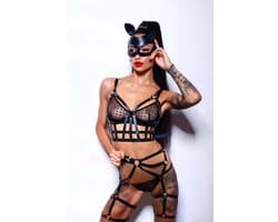 Sexy Lingerieset – Complete Bondageset – Inclusief Masker, Handboeien & Harnas Body – Zwart – Verstelbaar – BDSM – Fetish Lingerie – PU Leer – B.I.T.C.H. – Wasteland – Sexy Lingerie – Kinky Lingerie – Erotische Lingerie – Dare to Undress – One Size