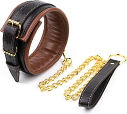 Banoch - Collar & leash Gold - Halsband en Riem - cognac bruin met goud - bondage — thumbnail 1