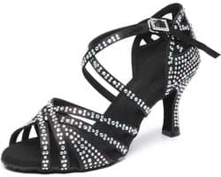 Dames Latijnse Dansschoenen met Strass Stenen - Zwart Ballroom Salsa Tango - Keuze uit 5 of 7 cm Hak