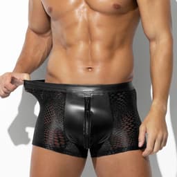 Zwarte Low Rise Heren Boxer met Rits – Ademend Mesh & PU-Leren Front – Sexy Stretch Ondergoed voor Mannen- Maat XXL — thumbnail 2