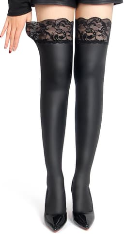 Zeloria Matte Wetlook / PU leer Kousen met Kant Rand – Zwart – Thigh High Stockings met Lace Top – XS-M — thumbnail 1