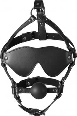 Blindfolded Head Harness met Solid Ball Gag - Zwart — thumbnail 2