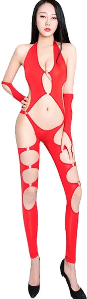 Erotische Uitgeholde Bodysuit - Jumpsuit - Lingerie - Wetlook - Zwart - Rits — afbeelding 1