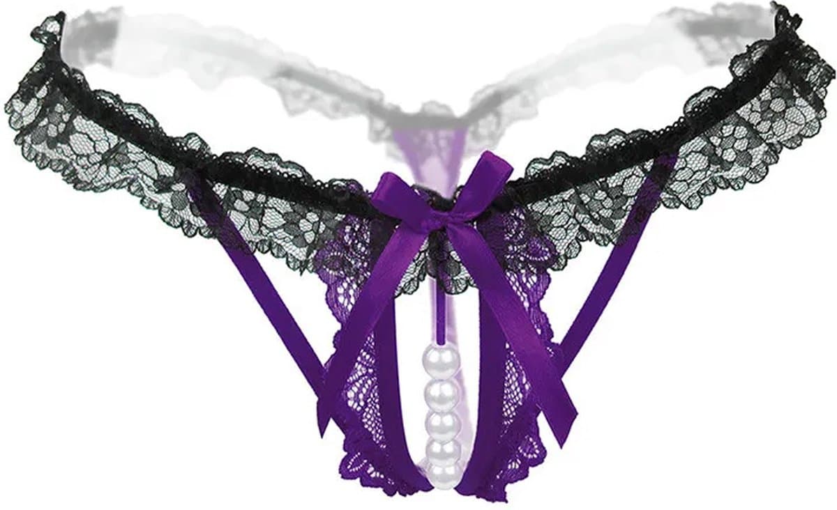 Erotische Lingerie Slipje I Sexy Slipje Met Parels I Sexy String I Open Kruis I Erotisch Ondergoed I Paars/Zwart — afbeelding 1