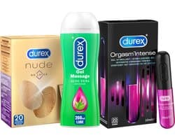 Durex - 20 stuks Condooms - Nude No Latex - 210ml Glijmiddel - Massage 2/1 Aloe 200ml - Intense Orgasm 10ml - Voordeelverpakking