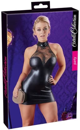 Cottelli Collection – Wetlook Mini Jurk met Kanten Bovenstuk en Knoop Hals voor een Sensuele Mix van Spanning en Comfort – Maat M – Zwart — thumbnail 5