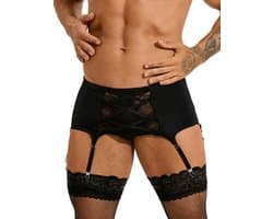 Zeloria Heren Jarretel Boxer Kant – Erotische Lingerie met Bandjes – Zwart – XL – Exclusief Kousen