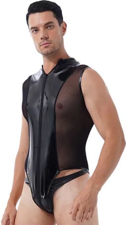 Mannen latex wetlook Catsuit - Erotische bodysuit PU Leder - Jumpsuit - Mouwloos - Transparante zijkanten - Ritssluiting — thumbnail 2