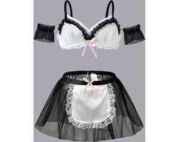 LekkerStout Dienstmeisje Kostuum - Beha, Mesh Rokje & Mouwboorden - Sexy Lingerie | M | ( LS050 )