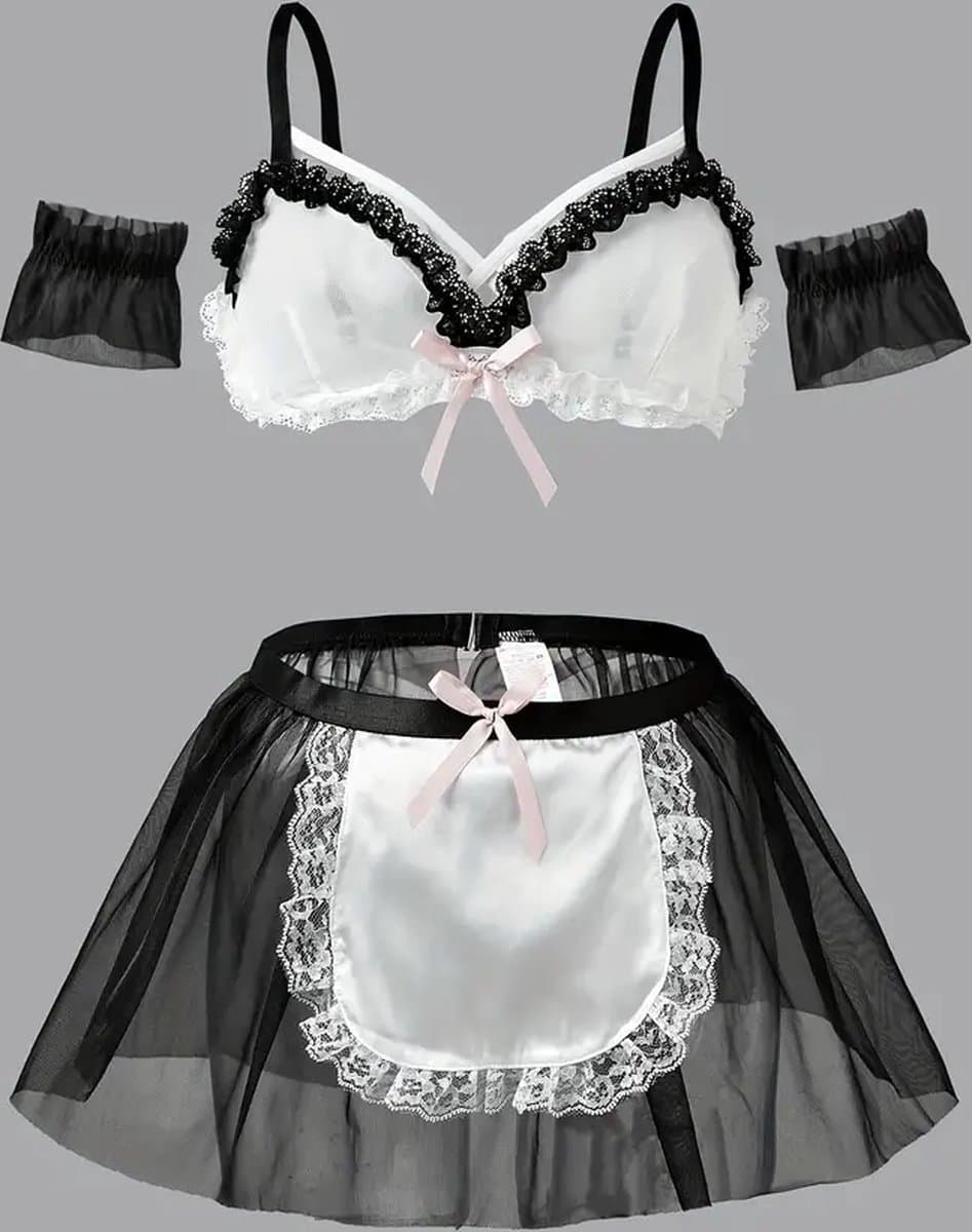 LekkerStout Dienstmeisje Kostuum - Beha, Mesh Rokje & Mouwboorden - Sexy Lingerie | M | ( LS050 ) — afbeelding 1