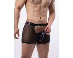 PleazureX Leren boxer met losmakende kruis - opwindend - nachtclub - sexy - doorschijnend - heren lingerie - Maat M