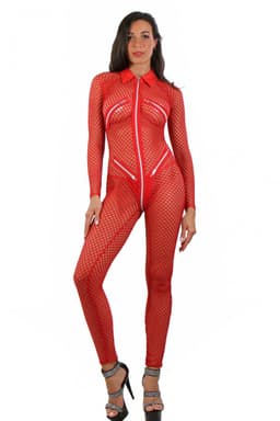 Fishnet catsuit rood met ritsen L/XL — thumbnail 1