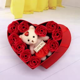 Rozen Teddybeer Cadeaubox - Zeepbloem Romantisch Geschenk - Binnenshuis Decoratie - Eeuwige Schoonheid - Hartvormig - Rood — thumbnail 3