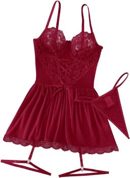 Luxe Dames Babydoll Lingerie Set – Kant & Mesh Nachtjurkje met Jarretels – Verleidelijke Nachtmode – Bordeaux — thumbnail 3